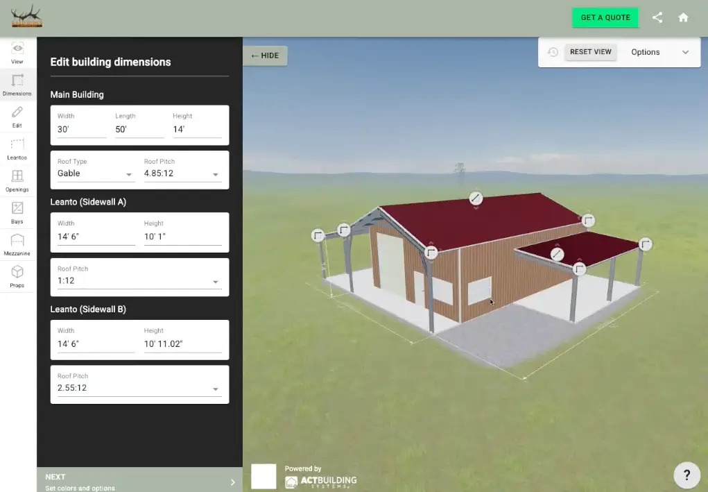 3D building editor screen showing dimensions and a metal building design with lean-to extensions.